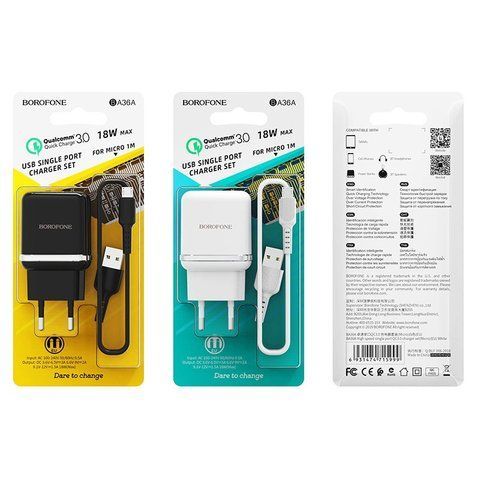 Адаптер 220V 1USB BOROFONE BA36A + кабель MicroUSB QC3.0 3A 18W &mdash; основное фото товара