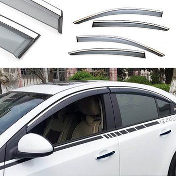 Дефлекторы окон Ветровики Chevrolet Cruze 2011-2014 "FLY" (Нержавеющая полоса, на скотче)
