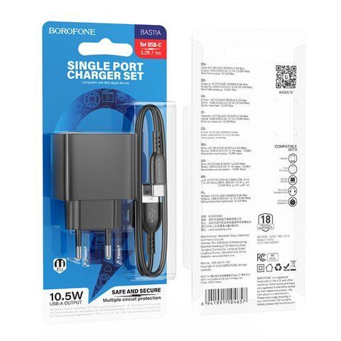 Адаптер 220V 1USB BOROFONE BAS11A + кабель Type-C Black &mdash; основное фото товара