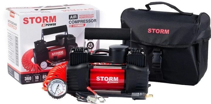 Автомобільний компресор двопоршневий Storm BI-Power 20400 10 Атм 360 Вт клеми АКБ &mdash; основне фото товару
