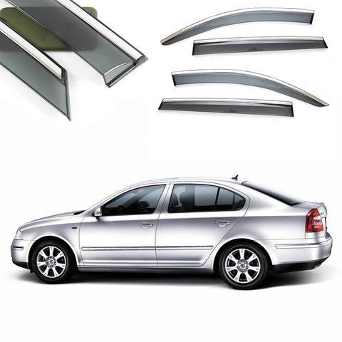 Дефлектори Вікон Вітровики Skoda Octavia II (A-5) SED 07-13 "FLY" (Нержавіюча смуга 3D, скотч) &mdash; основне фото товару