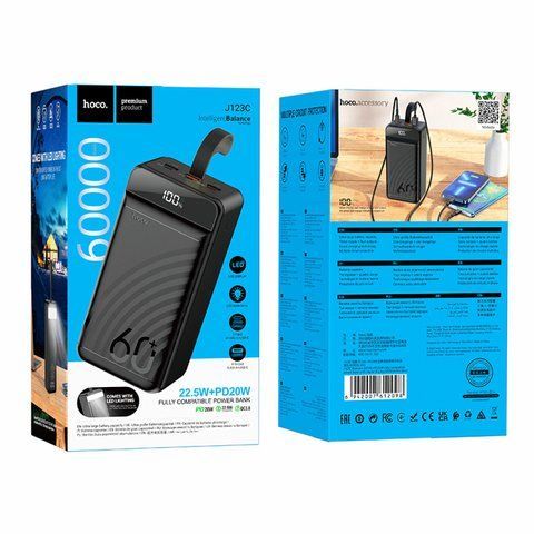 Портативний акумулятор POWER BANK 60000 mAh "HOCO J123C 22.5W+PD20W Led Lamp-LCD Black &mdash; основное фото товара