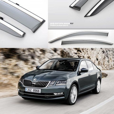 Дефлекторы окон Ветровики Skoda Octavia III (A-7) SED 2013- "FLY" (Нержавеющая полоса 3D, на скотче) &mdash; основное фото товара