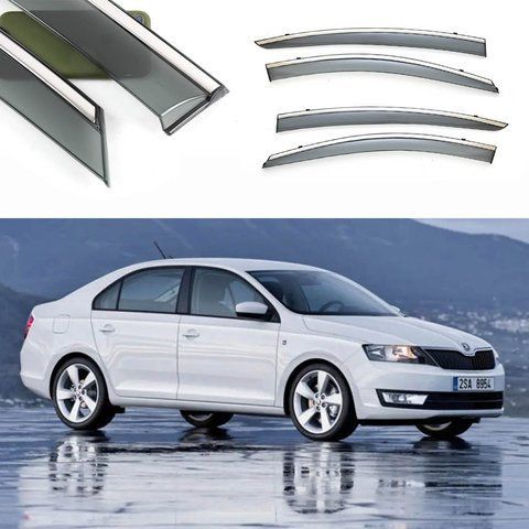 Дефлектори Вікон Вітровики Skoda Rapid 2013- "FLY" (Хромована смуга, скотч) &mdash; основне фото товару