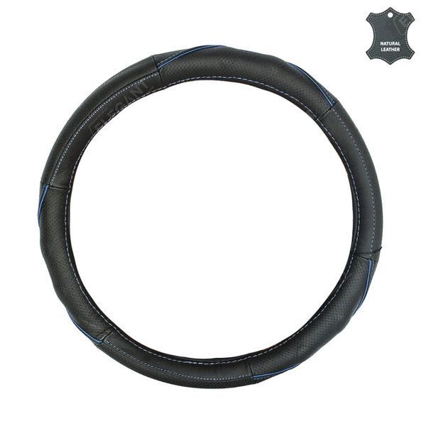 Чехол на руль кожа "М" (37-38см) черный Elegant 105781 перф, прошит голубой ниткой &mdash; основное фото товара