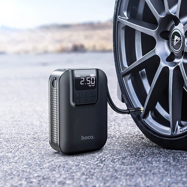 Автокомпрессор HOCO S53 (12V/АКБ-2500mAh/3,5 бар/LED-фонарик/4 режима/алюминиевый/черный) &mdash; основное фото товара