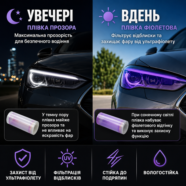 Захисна плівка для фар фотохромна TPU, поліуретан, 1мх30см, прозора-фіолетова &mdash; основне фото товару