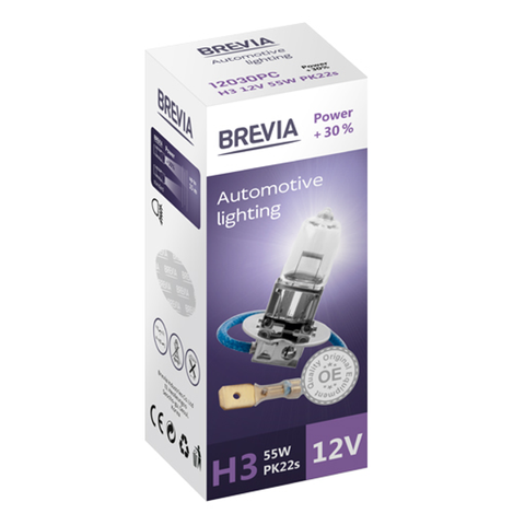 H3 галогенная лампа Brevia 12V 55W +30% для авто 1шт (12030PC) &mdash; основное фото товара