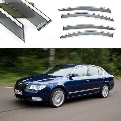 Дефлектори Вікон Вітровики Skoda SuperB II SED 08-15 "FLY" (Нержавіюча смуга, скотч) &mdash; основне фото товару