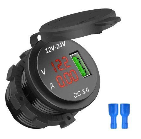 Гніздо під 1 USB+ Вольтметр+Амперметр DC 12-24V/5V підсвічування з різьбою P11 Green QC 3.0 &mdash; основне фото товару
