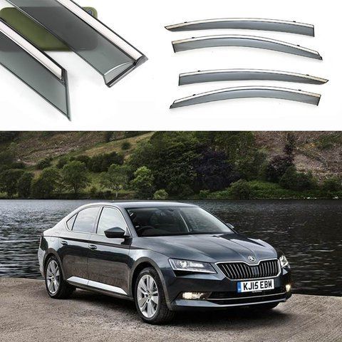 Дефлекторы окон Ветровики Skoda SuperB III SED 2015- "FLY" (Нержавеющая полоса 3D, на скотче) &mdash; основное фото товара