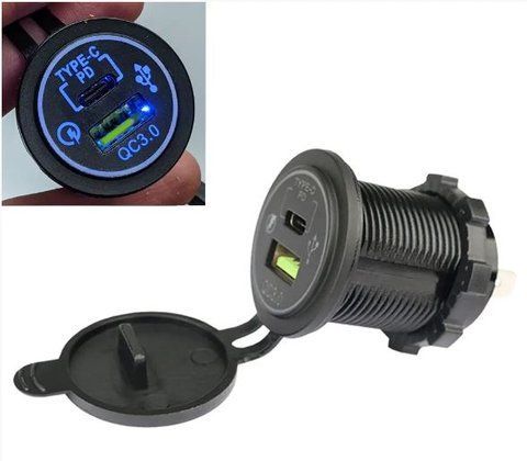 Гніздо під 1 USB+1 Type-C(QC 3.0+PD) DC 12-24V/5V підсвічування з різьбою A93B з дротом &mdash; основне фото товару