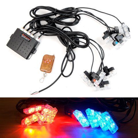 Стробоскоп светодиодный 12V DRL 50х25х13 мм 8х2LED (синий/красный с пультом) "V28H" &mdash; основное фото товара