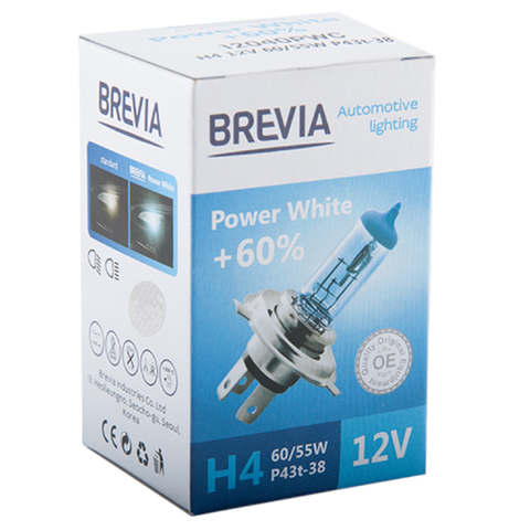 H4 галогенная лампа Brevia Power White 12V 60/55W 4300K +60% для авто 1шт &mdash; основное фото товара