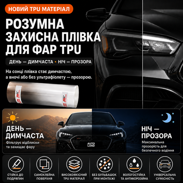 Захисна плівка для фар фотохромна TPU, поліуретан, 1мх30см, прозора-чорна &mdash; основне фото товару