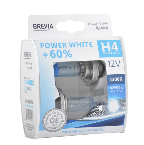 H4 галогенная лампа Brevia Power White 12V 60/55W 4300K +60% для авто Box 2шт (12040PWS) &mdash; основное фото товара