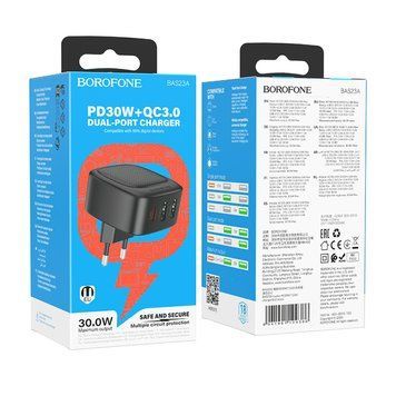 Адаптер 220v (2USB-1Type-C) BOROFONE BAS23A PD30W Black &mdash; основне фото товару